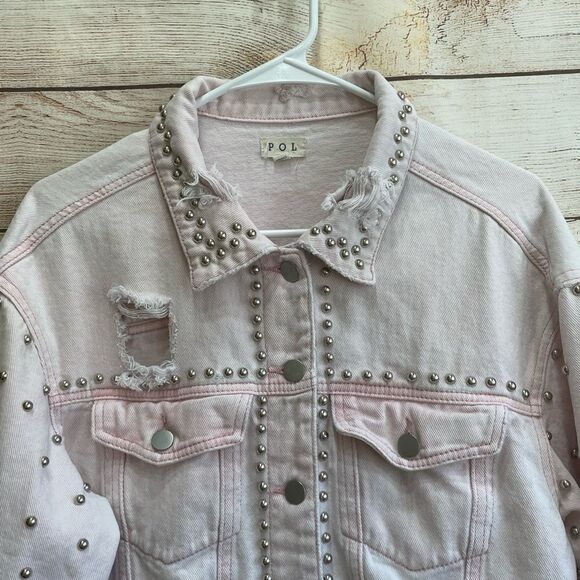 POL DISTRESSED AND STUDDED JEAN JACKET IN PINK - Picture 5 of 14